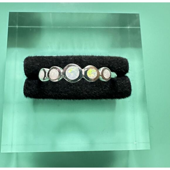 Five Stone Bezel Set Lab Created White Opal Stackable Ring 925 Sterling Silver - Picture 4 of 7